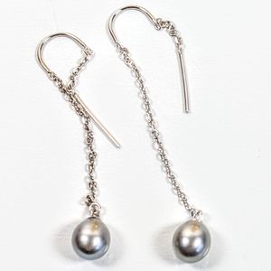 Pearl on sterling chain pull through pierced dangle earrings